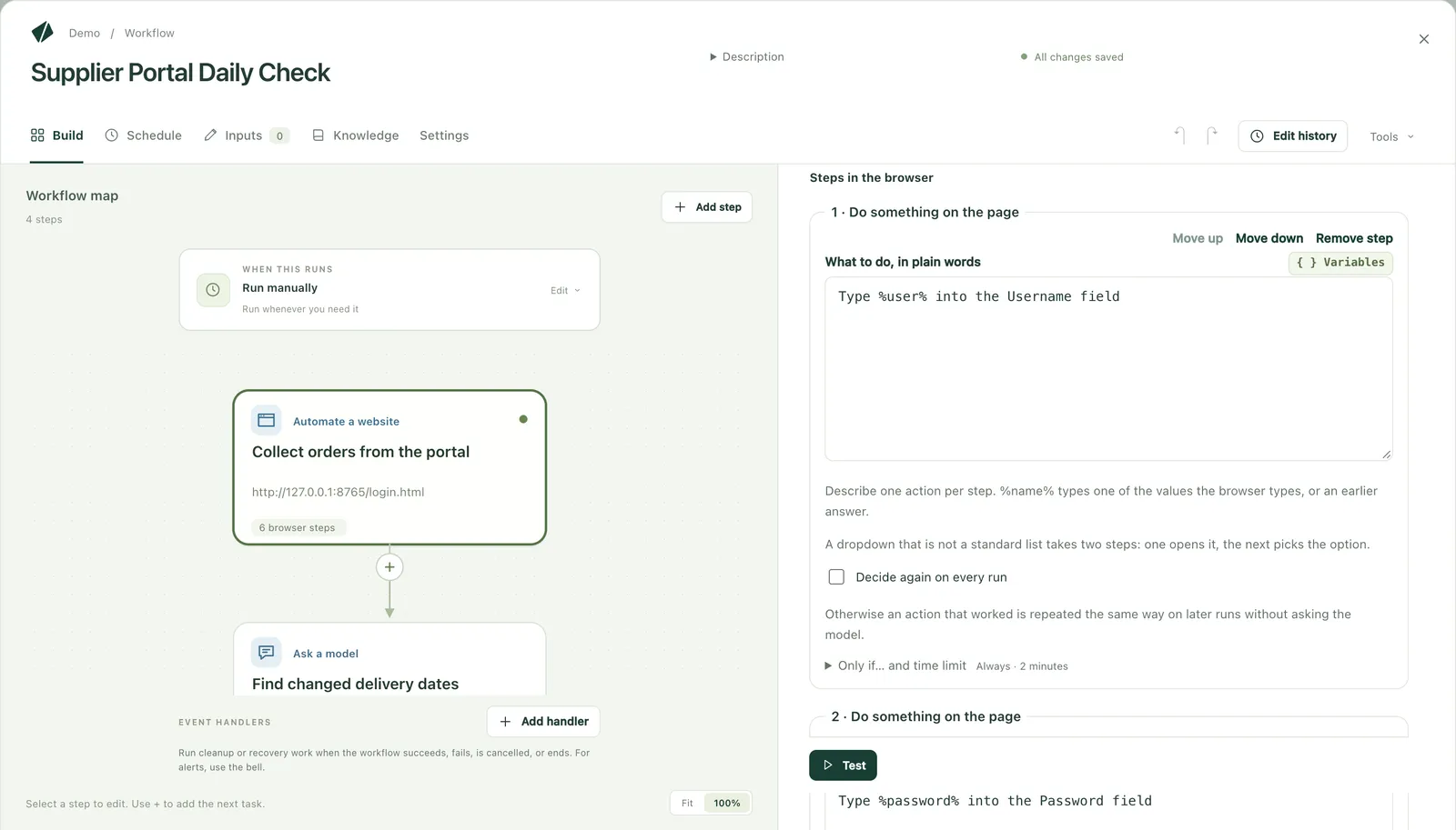 The workflow editor, with web steps written in plain language such as entering the login ID
