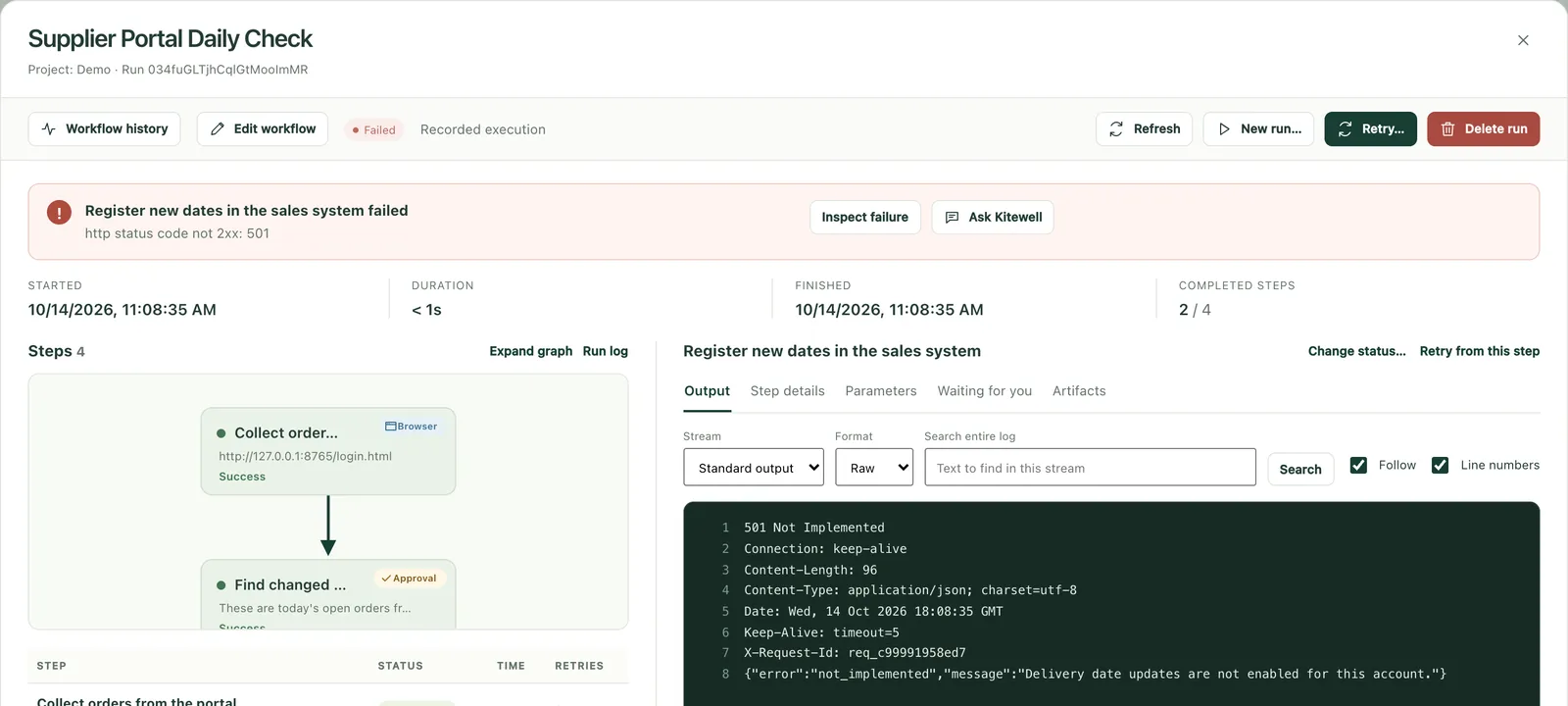 A Kitewell run: recording to the sales system failed, with an Ask the assistant button