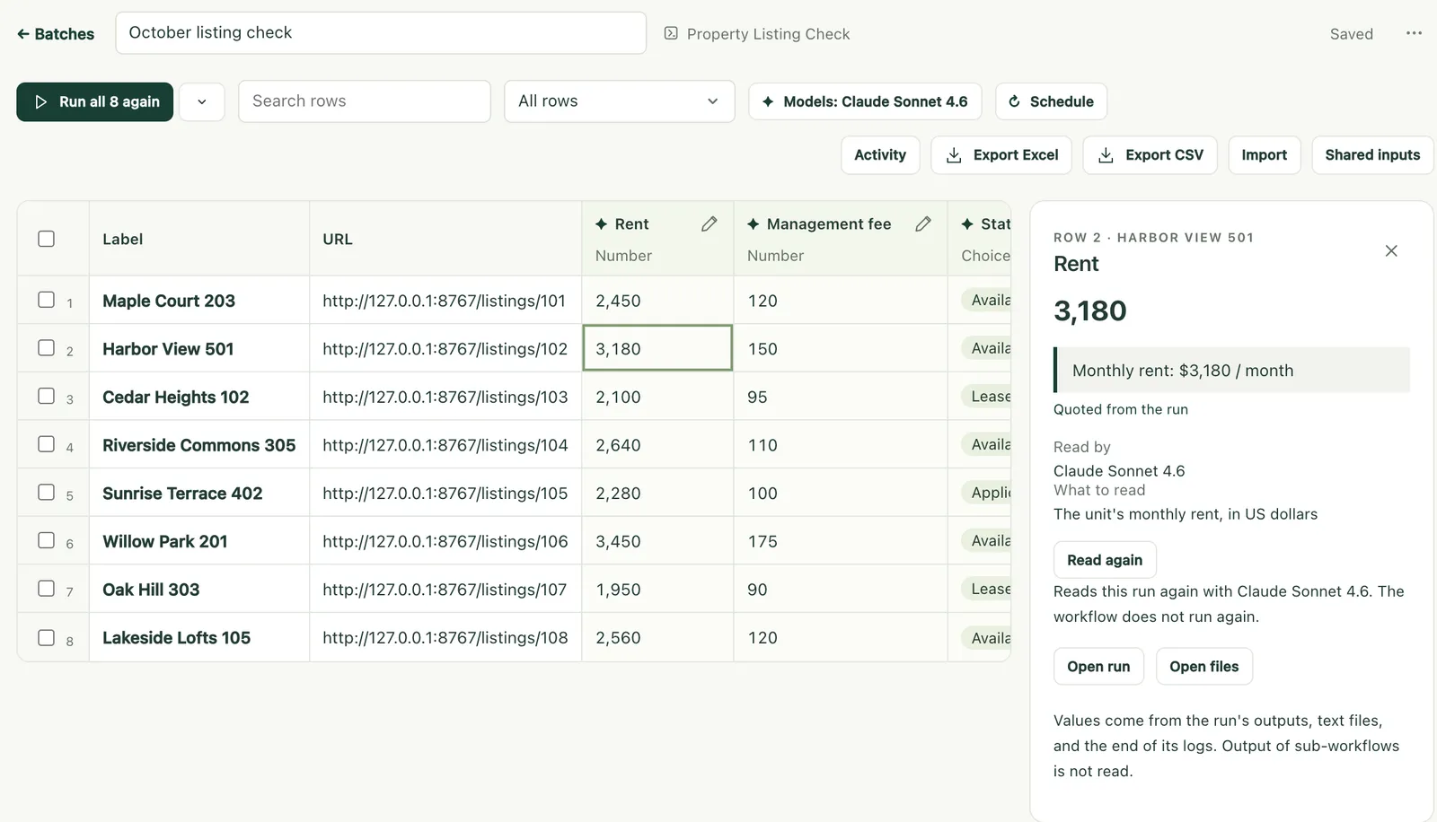 A batch sheet listing rent, fees, and status for eight properties, with the quote behind one rent value